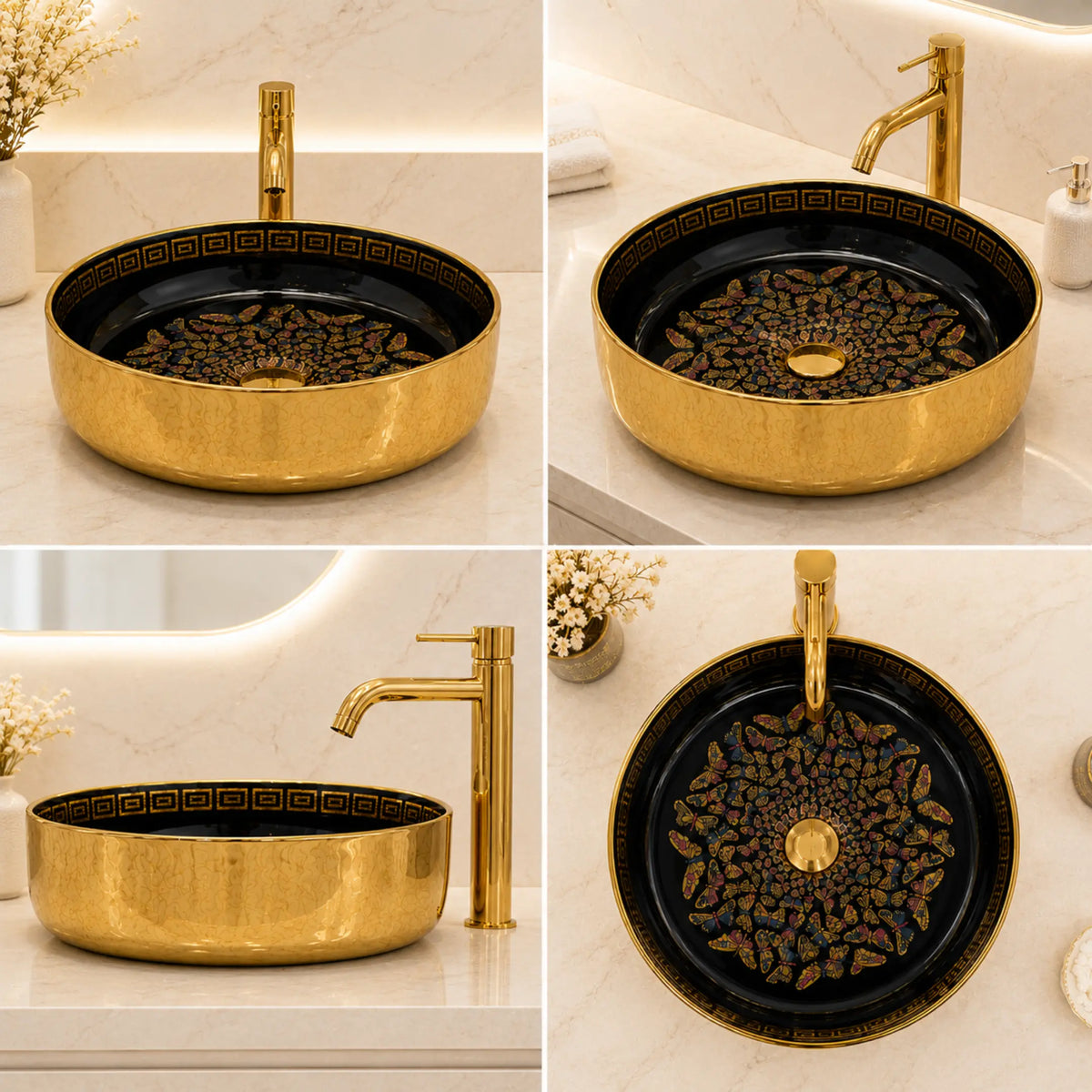 Novera Global Onyxwing Ceramic Table Top Wash Basin with Butterfly Design, Round Countertop Vessel Sink, Mirror Gold Exterior & Glossy Black Interior, 5-Year Warranty Novera Global