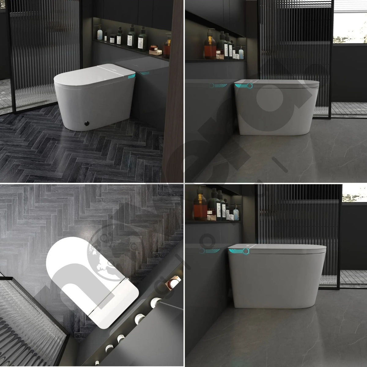 Collage of a modern freestanding bathtub in a darkly decorated bathroom.