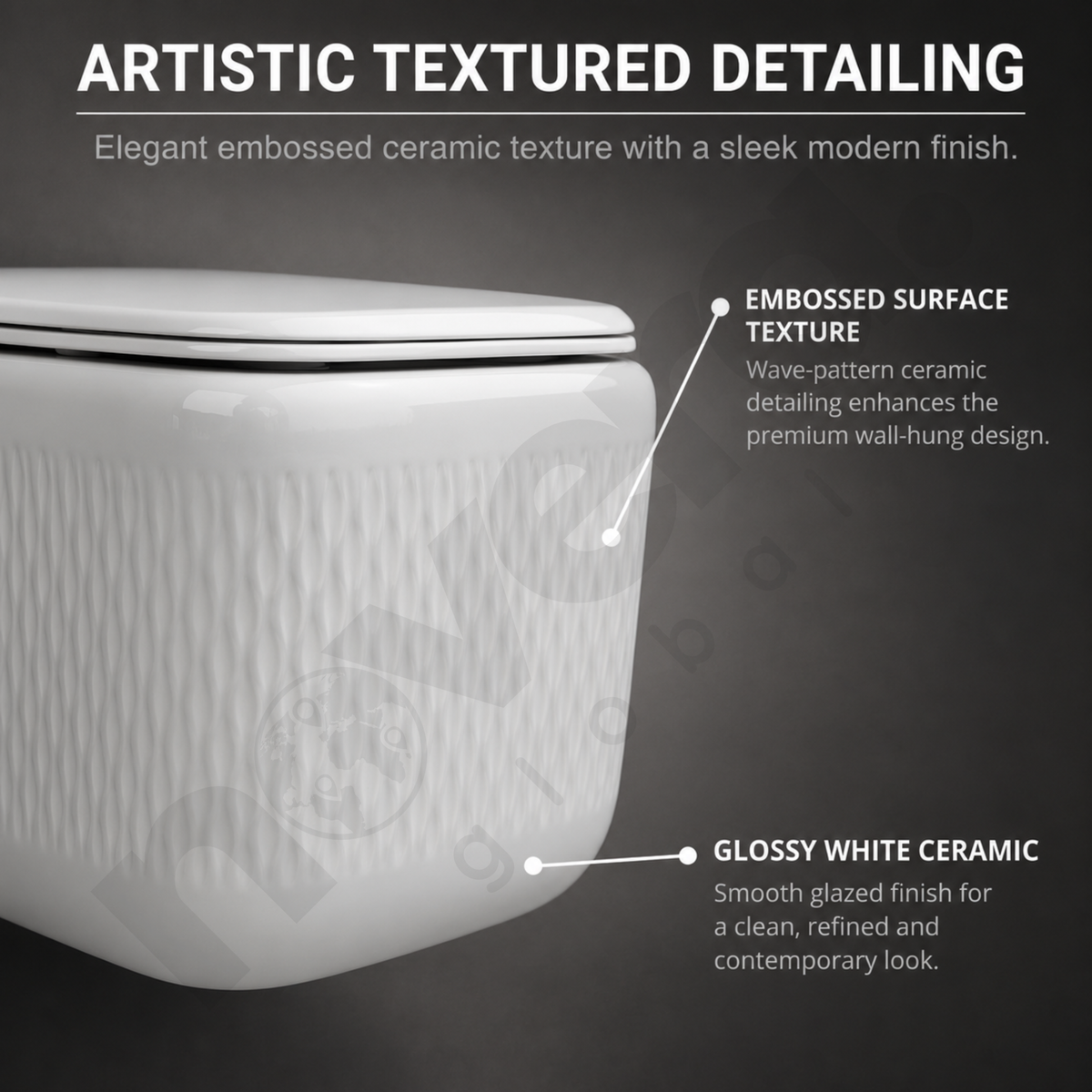 Novera Global Rimless Wall-Hung Commode | Ceramic Western Toilet with Soft-Close Seat Cover | 5-Year Warranty | P-Trap Wall-Mounted Bathroom WC | Antibacterial Washdown Flush (White Textured)