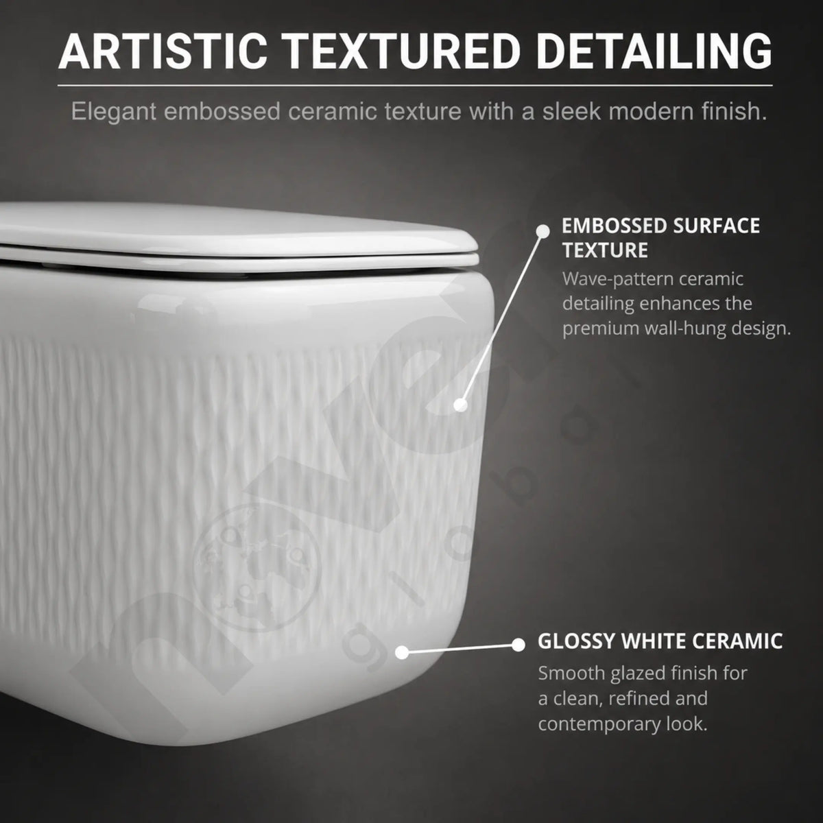 Novera Global Rimless Wall-Hung Commode | Ceramic Western Toilet with Soft-Close Seat Cover | 5-Year Warranty | P-Trap Wall-Mounted Bathroom WC | Antibacterial Washdown Flush (White Textured) Novera Global