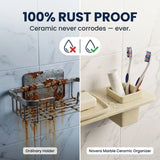 Bathroom organizer with rustproof ceramic holder and toothbrushes on a tiled wall.