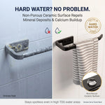 Towel rack with hard water damage on one side and clean side on the other, with text about non-porous ceramic surface.