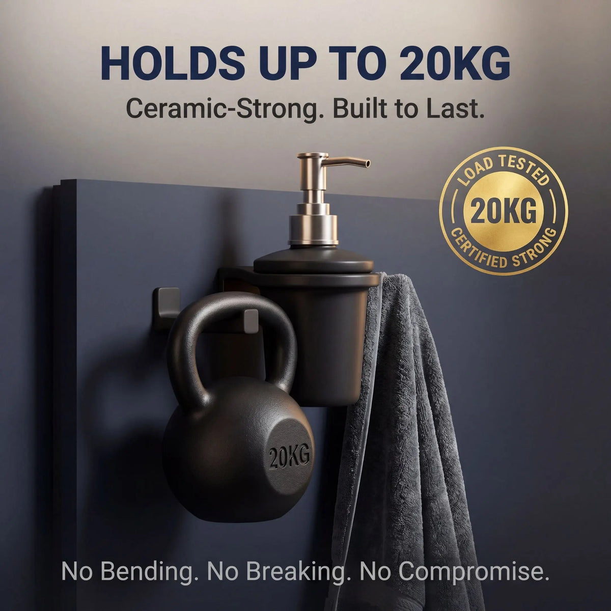 Black kettlebell and soap dispenser on a dark surface with text about weight capacity and certification.