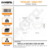 Product label for a ceramic wash basin with dimensions and specifications.