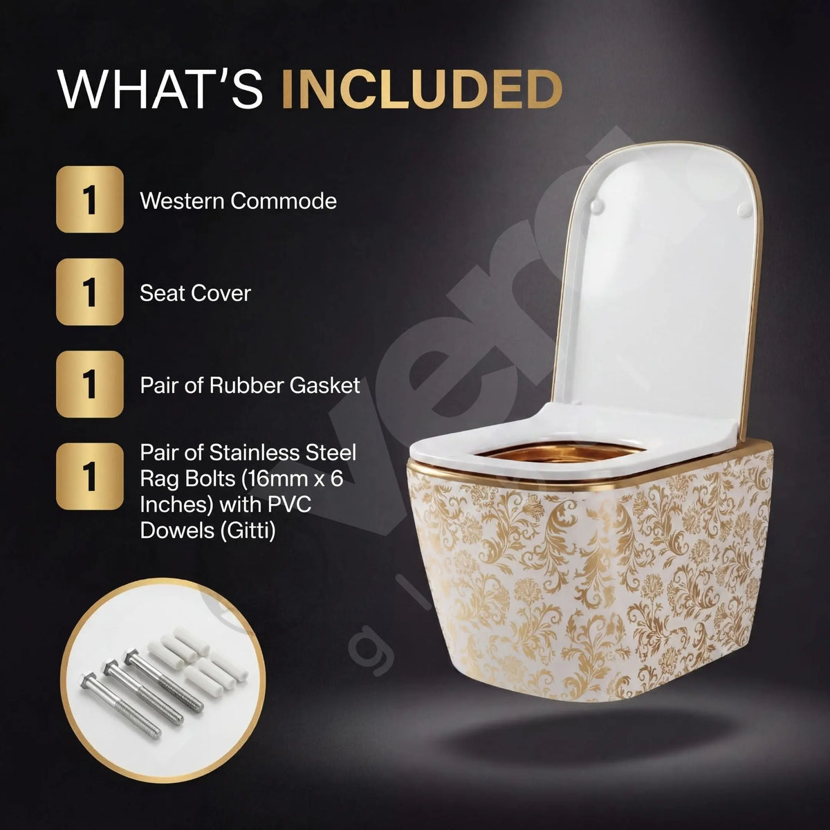 Western commode with seat cover and accessories on a dark background