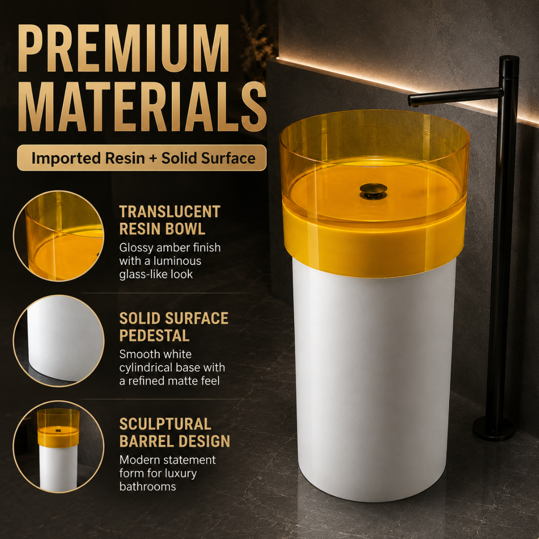 Novera Global Amber Freestanding Pedestal Wash Basin | 10-Years Warranty | Imported Resin & Solid Surface Floor Standing Designer Basin | Transparent Yellow Bawl | Drainer Included, 450 x 450 x 900 mm