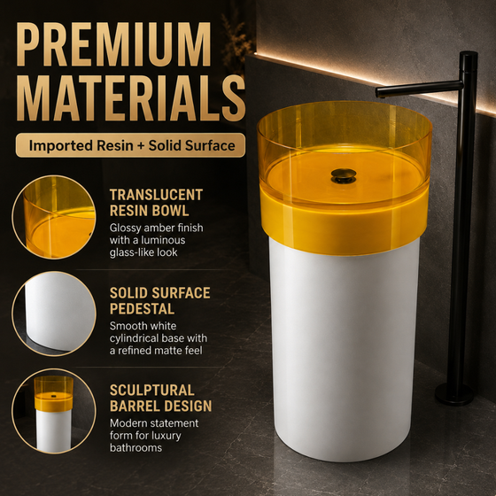 Novera Global Amber Freestanding Pedestal Wash Basin | 10-Years Warranty | Imported Resin & Solid Surface Floor Standing Designer Basin | Transparent Yellow Bawl | Drainer Included, 450 x 450 x 900 mm