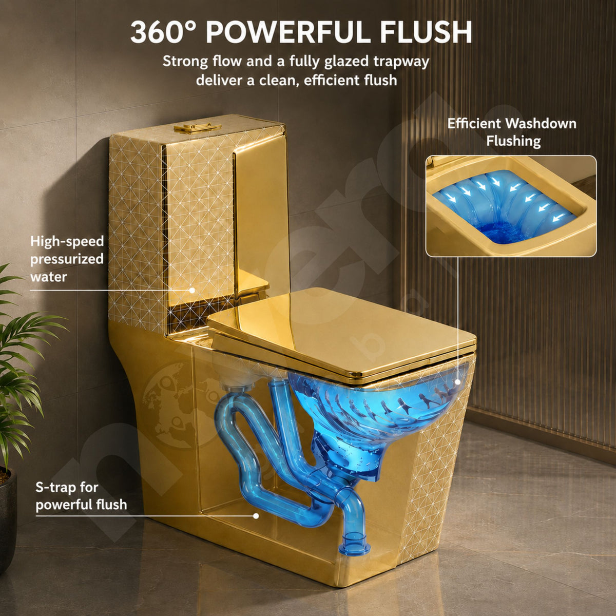 Novera Global Royal Prism Gold One Piece Western Toilet | 300mm S-Trap | Soft-Close Gold Seat Cover | 5-Year Warranty | Floor Mounted Ceramic Commode with Dual Flush 4/8L | Wash Down Flushing | Water Saving