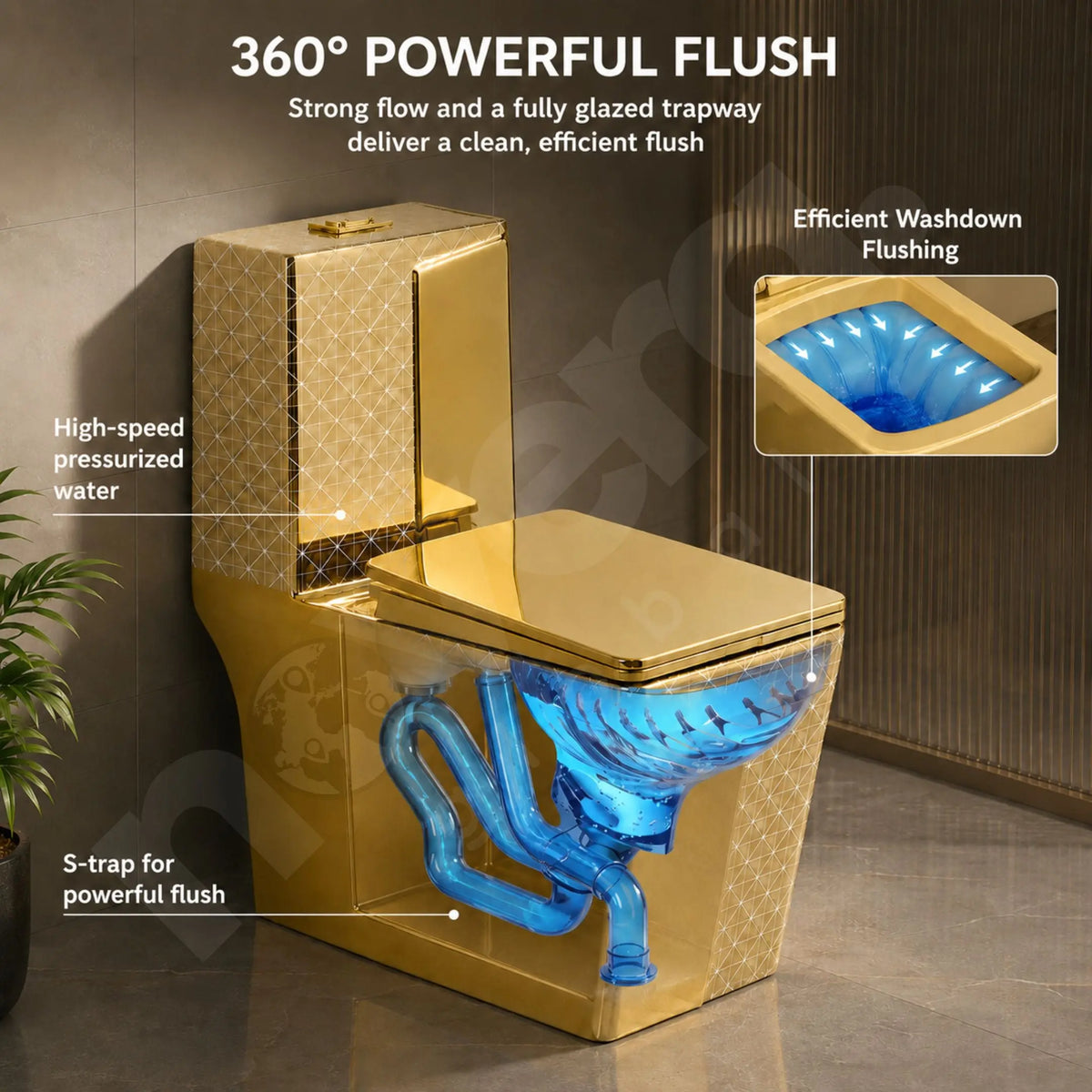 360 Degree Powerful Washdown Flush in Gold One Piece Toilet