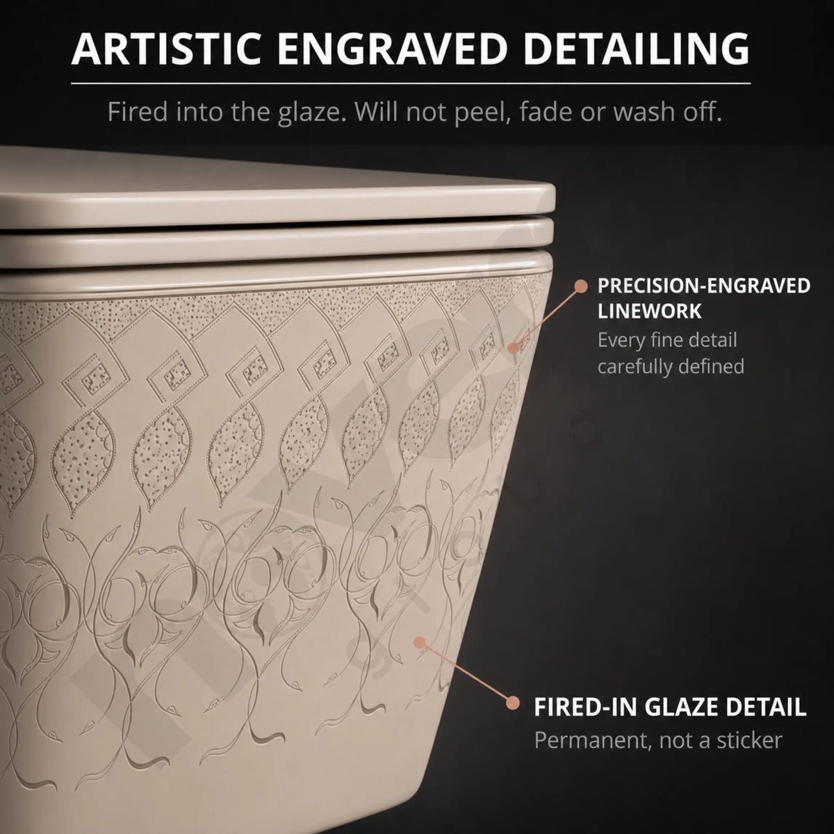 Artistic Engraved Ceramic Detailing on Khaki Beige Wall Hung Toilet