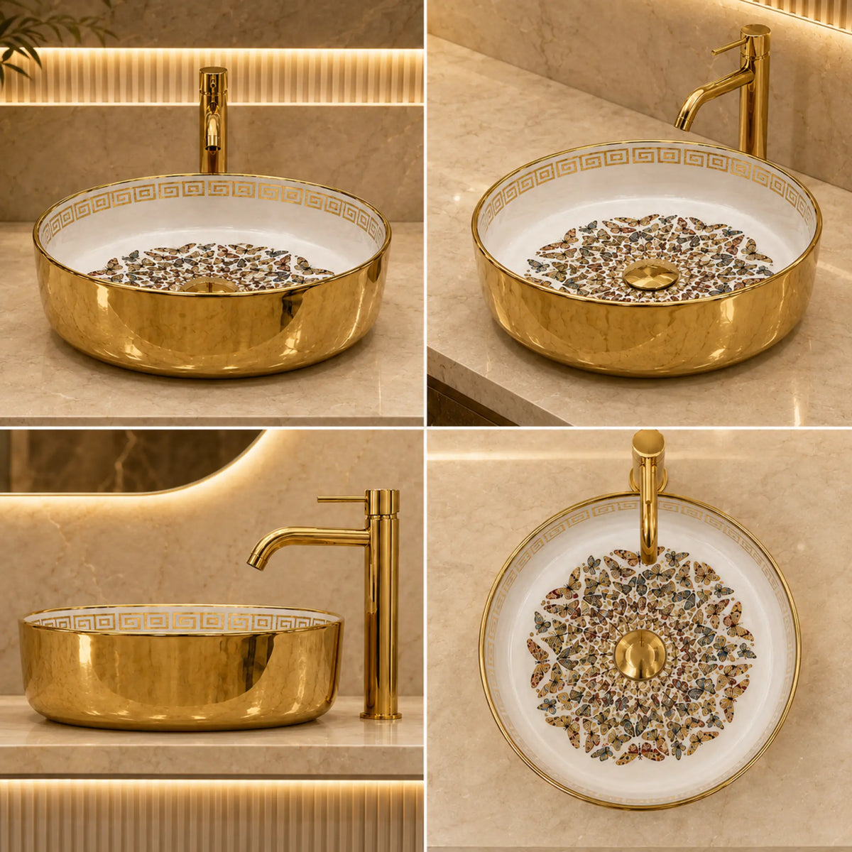Novera Global Pearlwing Round Table Top Wash Basin with Butterfly Design, Mirror Gold & White Ceramic, 5-Year Warranty Novera Global