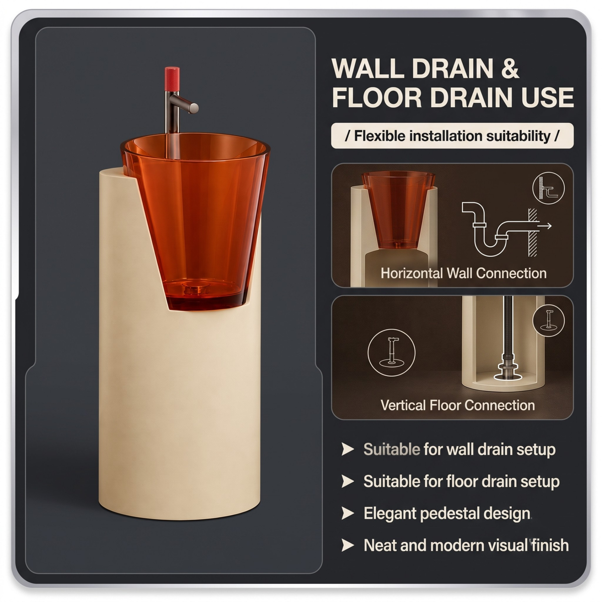 Novera Global Crest Luxury Freestanding Pedestal Wash Basin | 10-Years Warranty | Resin & Solid Surface Floor Standing Designer Bathroom Sink with Translucent Red Bowl | Drainer Included, 400 × 467 × 900 mm
