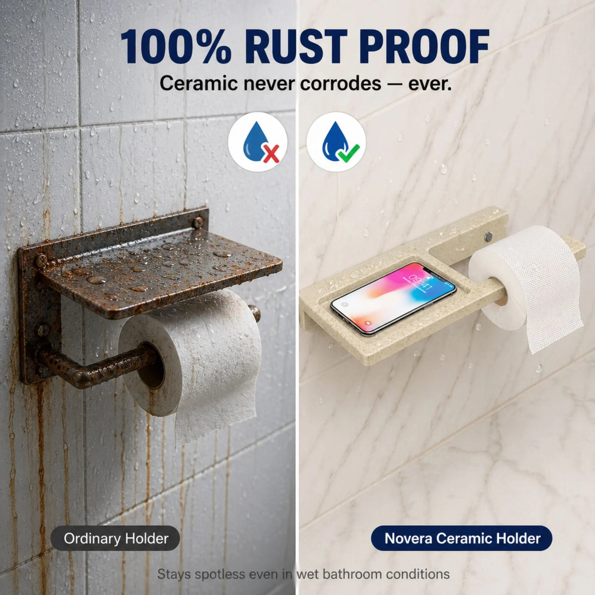 Comparison of an ordinary rusted toilet paper holder and a Novera ceramic holder with text highlighting rust-proof properties.