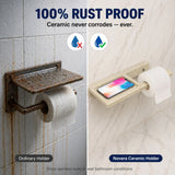 Comparison of an ordinary rusted toilet paper holder and a Novera ceramic holder with text highlighting rust-proof properties.