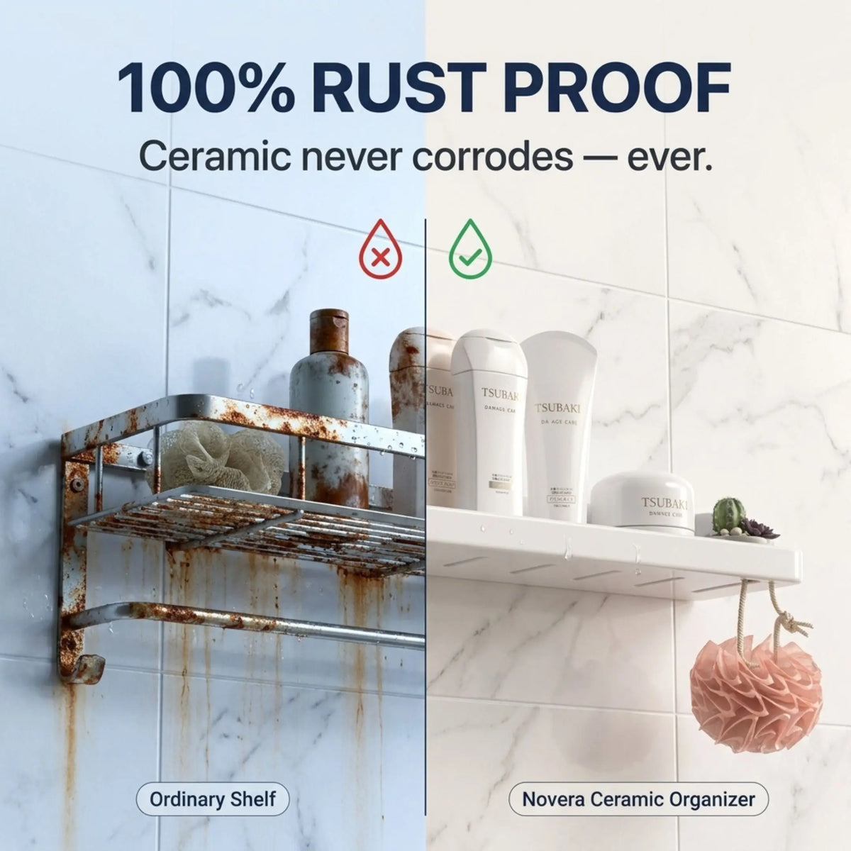 Comparison of an ordinary shelf with rust and a Novera Ceramic Organizer on a marble wall.