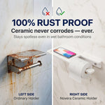 Comparison of an ordinary rusted holder and a Novera ceramic holder on a tiled wall.