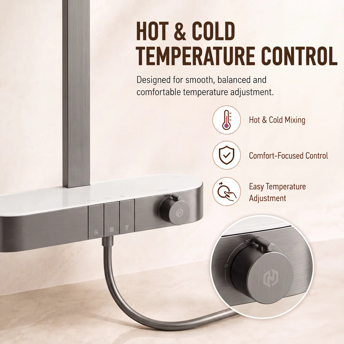 Rain Shower Set for Bathroom –3-in-1 Function Panel Overhead Rain & Hand Shower, Waterfall Spout | Mixer with Hot & Cold Dual Knob, Adjustable Height Shower, Wall-Mounted (Gunmetal Grey) Novera Global