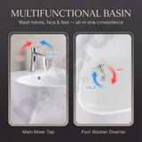 Multifunctional basin with hot and cold water taps and foot washer diverter on a dark background.