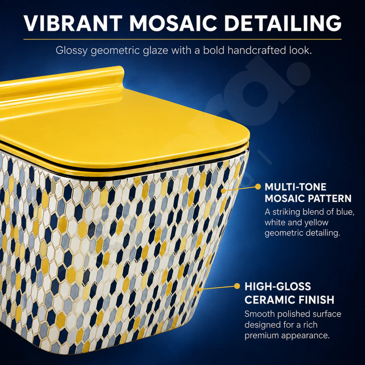 Vibrant Gold Blue Mosaic Ceramic Detailing on Wall Hung Toilet