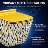 Vibrant Gold Blue Mosaic Ceramic Detailing on Wall Hung Toilet
