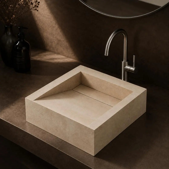 Handmade Sand Beige Square Vessel Basin with Elegant Matt Stone Finish
