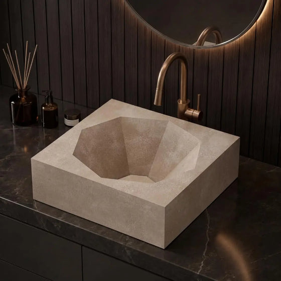 Novera Global Diamond Shape Handmade Ceramic Table Top Wash Basin in Sand Beige Matt Stone Finish