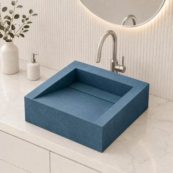NOVERA Steel Blue Handmade Ceramic Tile Square Table Top Wash Basin with Premium Matt Finish