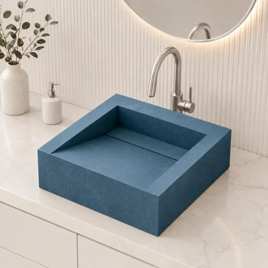 NOVERA Steel Blue Handmade Ceramic Tile Square Table Top Wash Basin with Premium Matt Finish