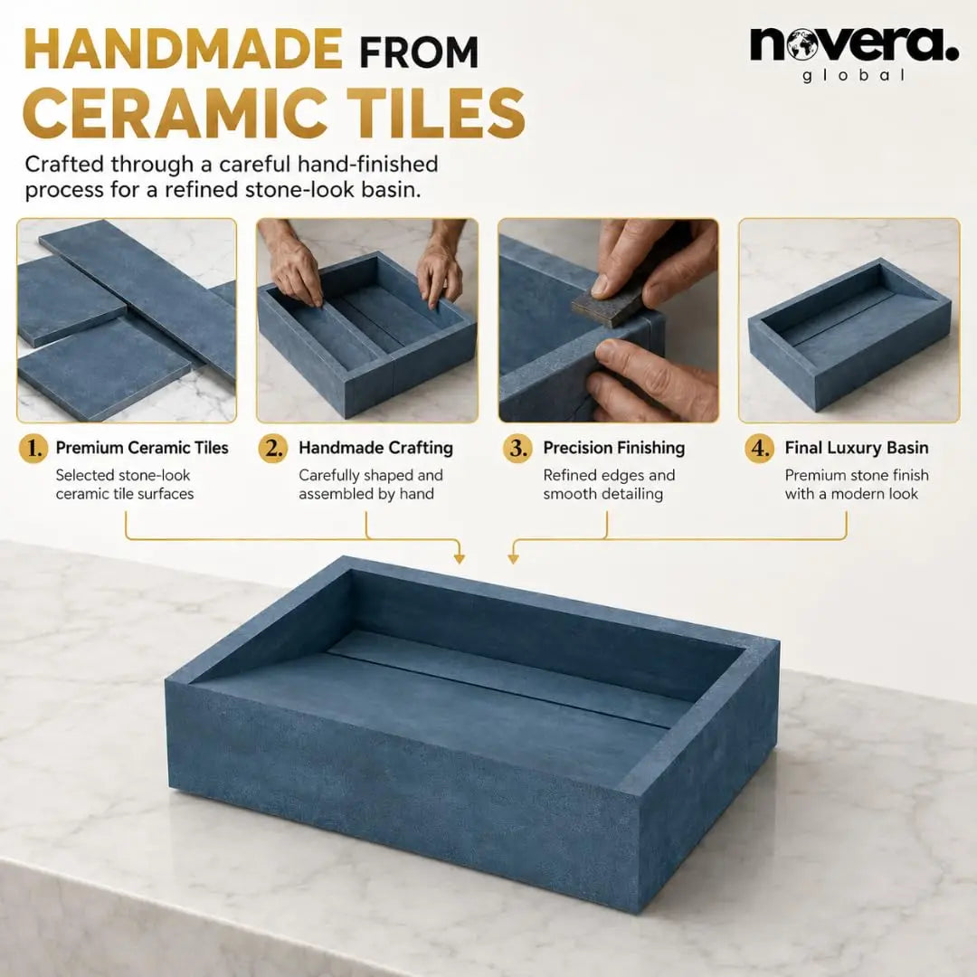 Novera Global Rectangular Ceramic Tile Wash Basin – Matt Steel Blue Novera Global