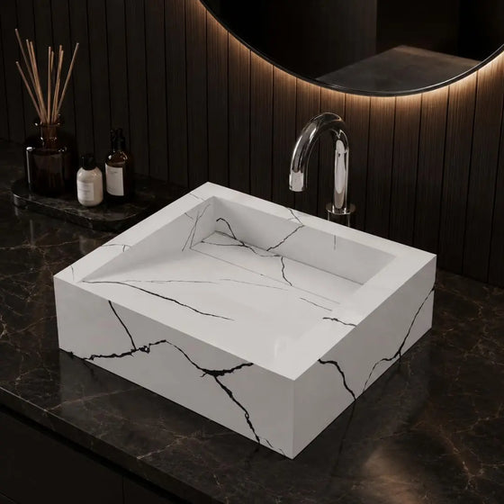NOVERA Marble Vein White Handmade Ceramic Tile Square Table Top Wash Basin for Luxury Bathroom