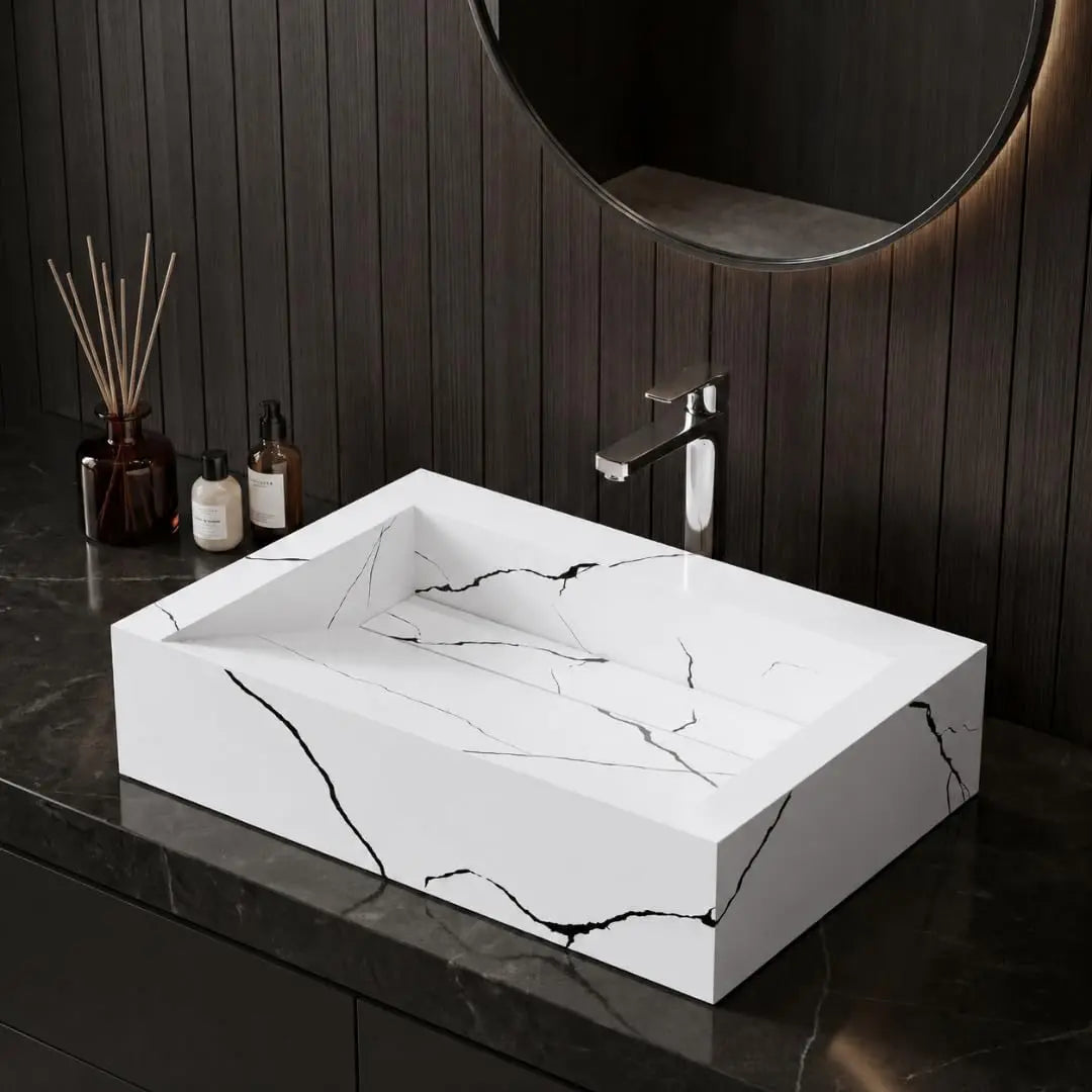 Luxury White Black Marble Rectangular Ceramic Table Top Wash Basin for Modern Bathroom Vanity