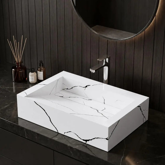 Luxury White Black Marble Rectangular Ceramic Table Top Wash Basin for Modern Bathroom Vanity