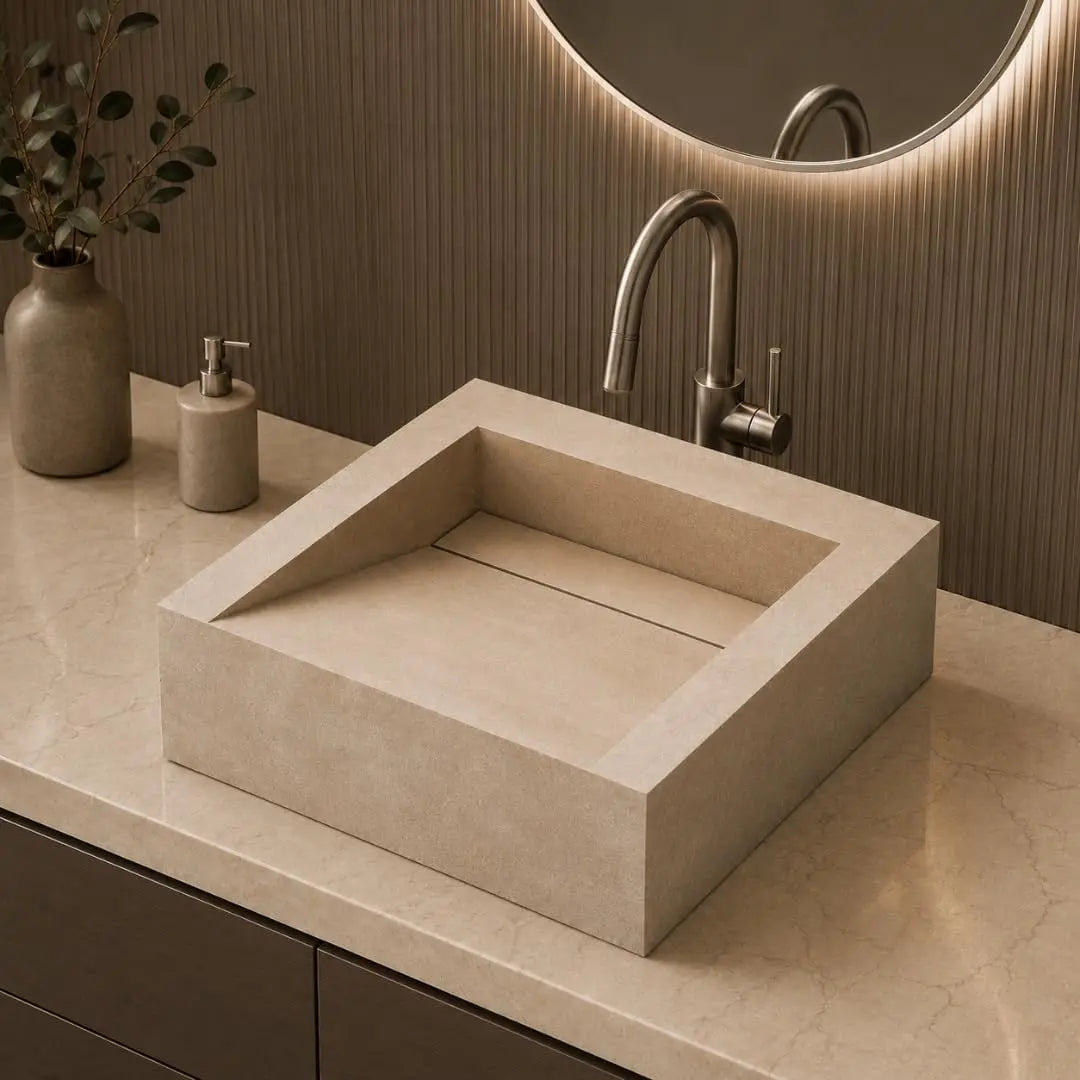 NOVERA Sand Beige Handmade Ceramic Tile Square Table Top Wash Basin with Premium Matt Finish