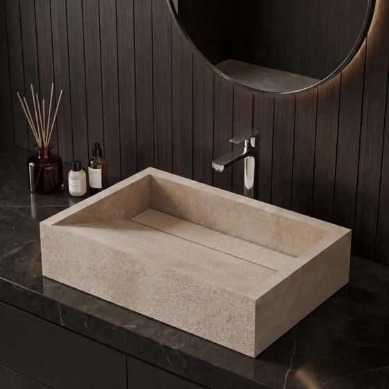 NOVERA Fossil Sand Beige Handmade Ceramic Tile Table Top Wash Basin with Stone Finish