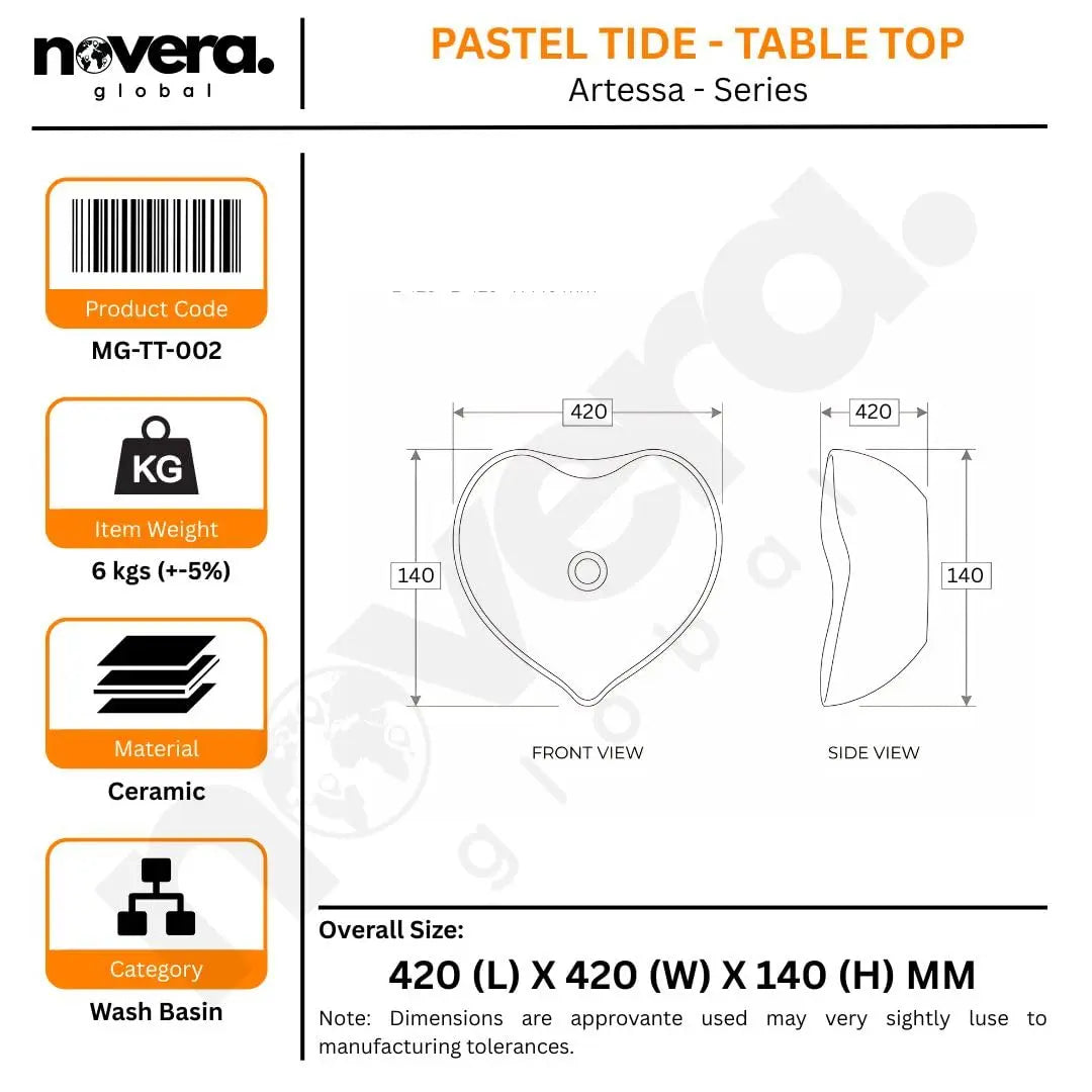 Technical Drawing of Artistic Ceramic Countertop Wash Basin with Size Details