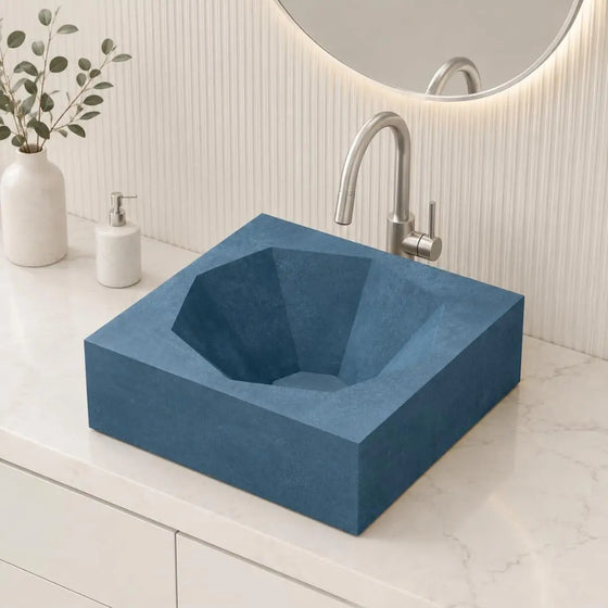 NOVERA Diamond Steel Blue Handmade Ceramic Tile Table Top Wash Basin with Geometric Vessel Design