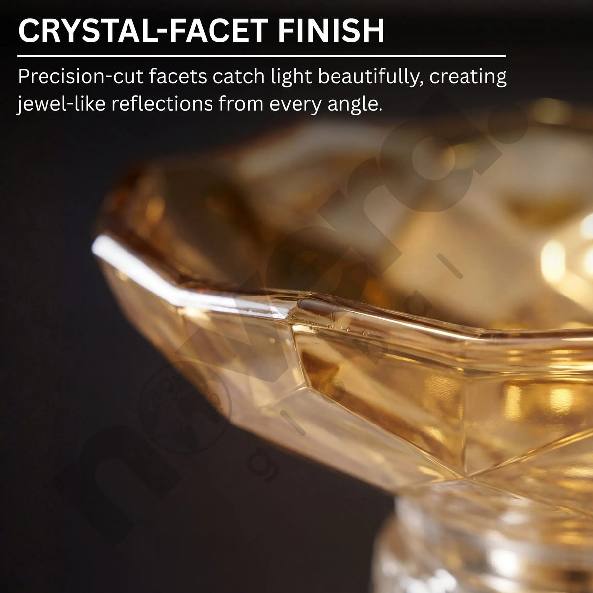 Close-up of a crystal-facet finish object with text describing the feature.