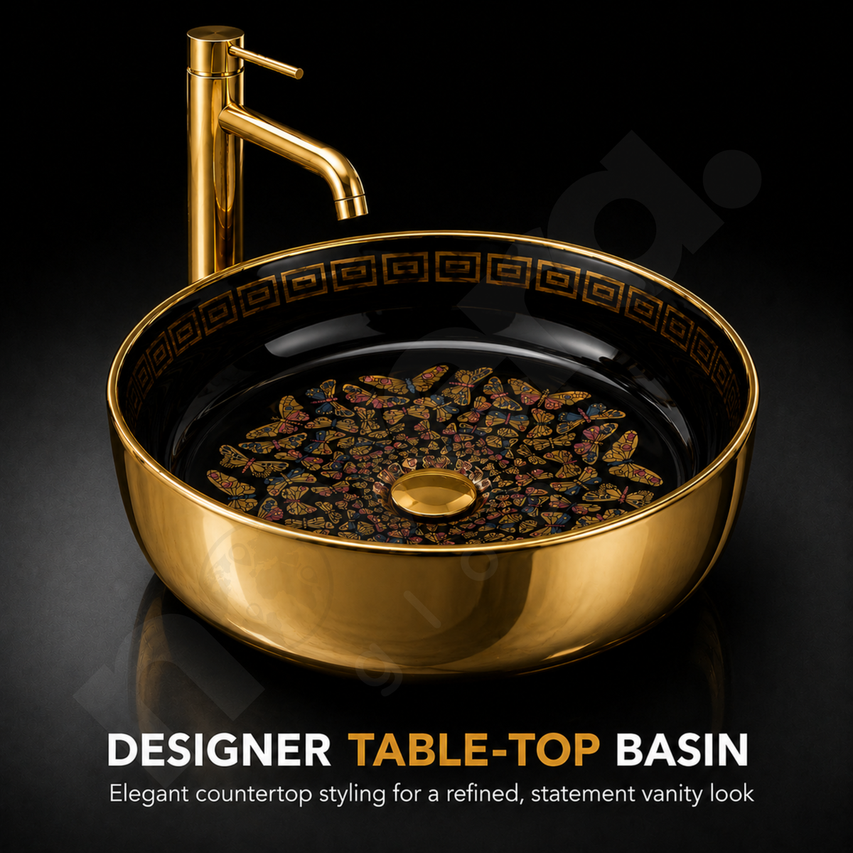 Novera Global onyxwing Ceramic Table Top Wash Basin | Round Countertop Basin with Butterfly Art | 5-Year Warranty | Glossy Black Interior & Mirror Gold Exterior, Above Counter Vessel Sink for Bathroom Vanity, Countertop Wash Bowl (Gold & Black)