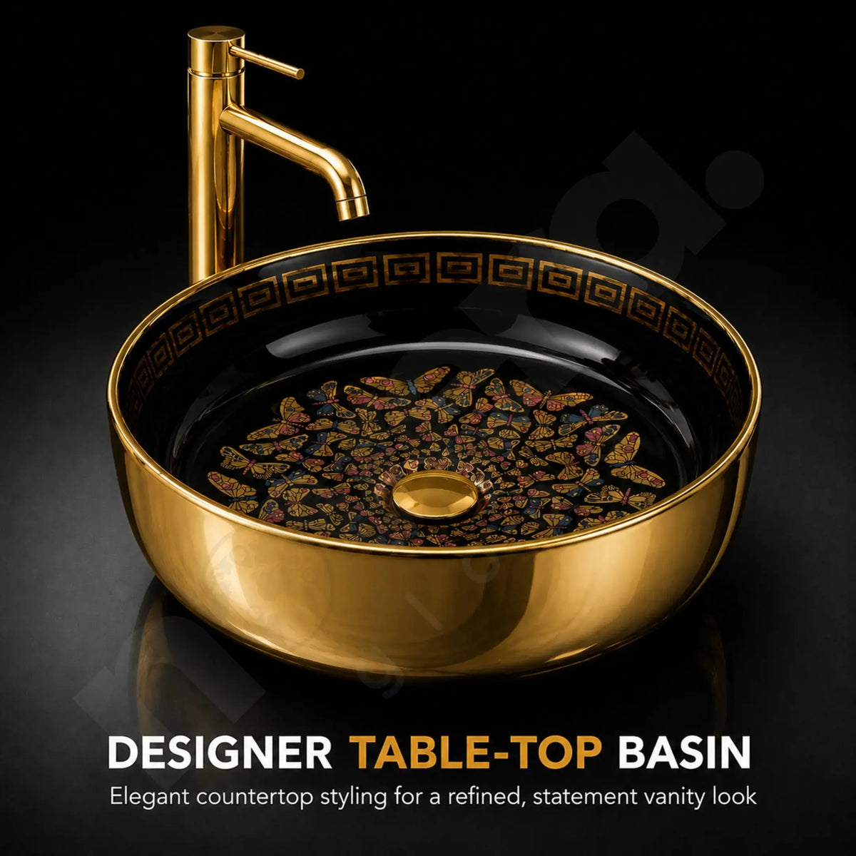 Novera Global Onyxwing Ceramic Table Top Wash Basin with Butterfly Design, Round Countertop Vessel Sink, Mirror Gold Exterior & Glossy Black Interior, 5-Year Warranty Novera Global