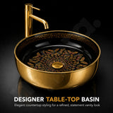 Novera Global Onyxwing Ceramic Table Top Wash Basin with Butterfly Design, Round Countertop Vessel Sink, Mirror Gold Exterior & Glossy Black Interior, 5-Year Warranty Novera Global