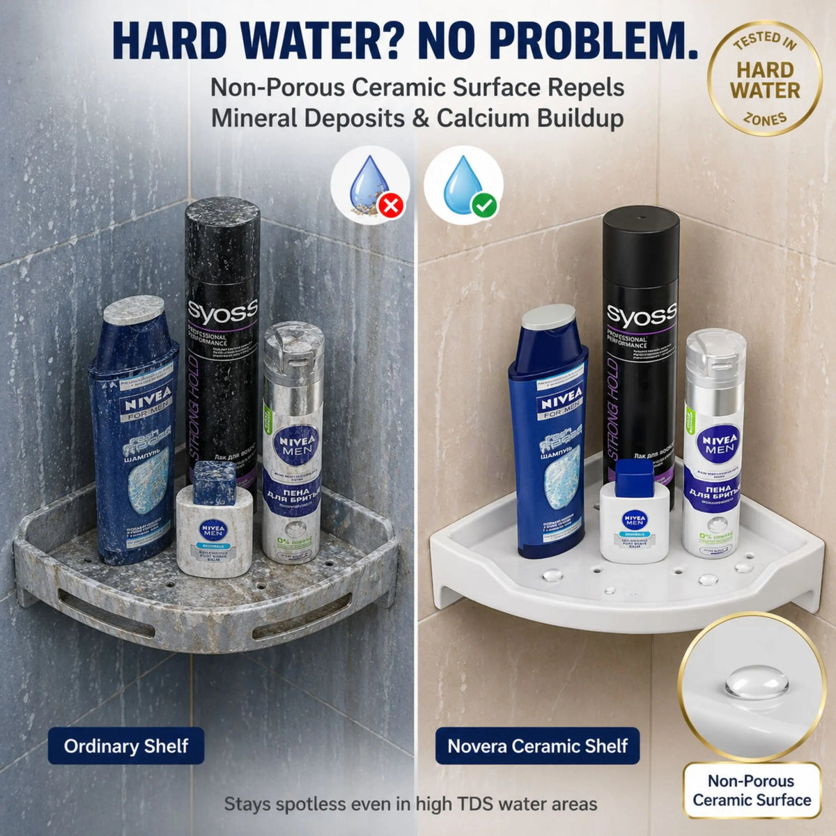 Hard Water Resistant White Ceramic Corner Shelf – Easy Clean Bathroom Organizer