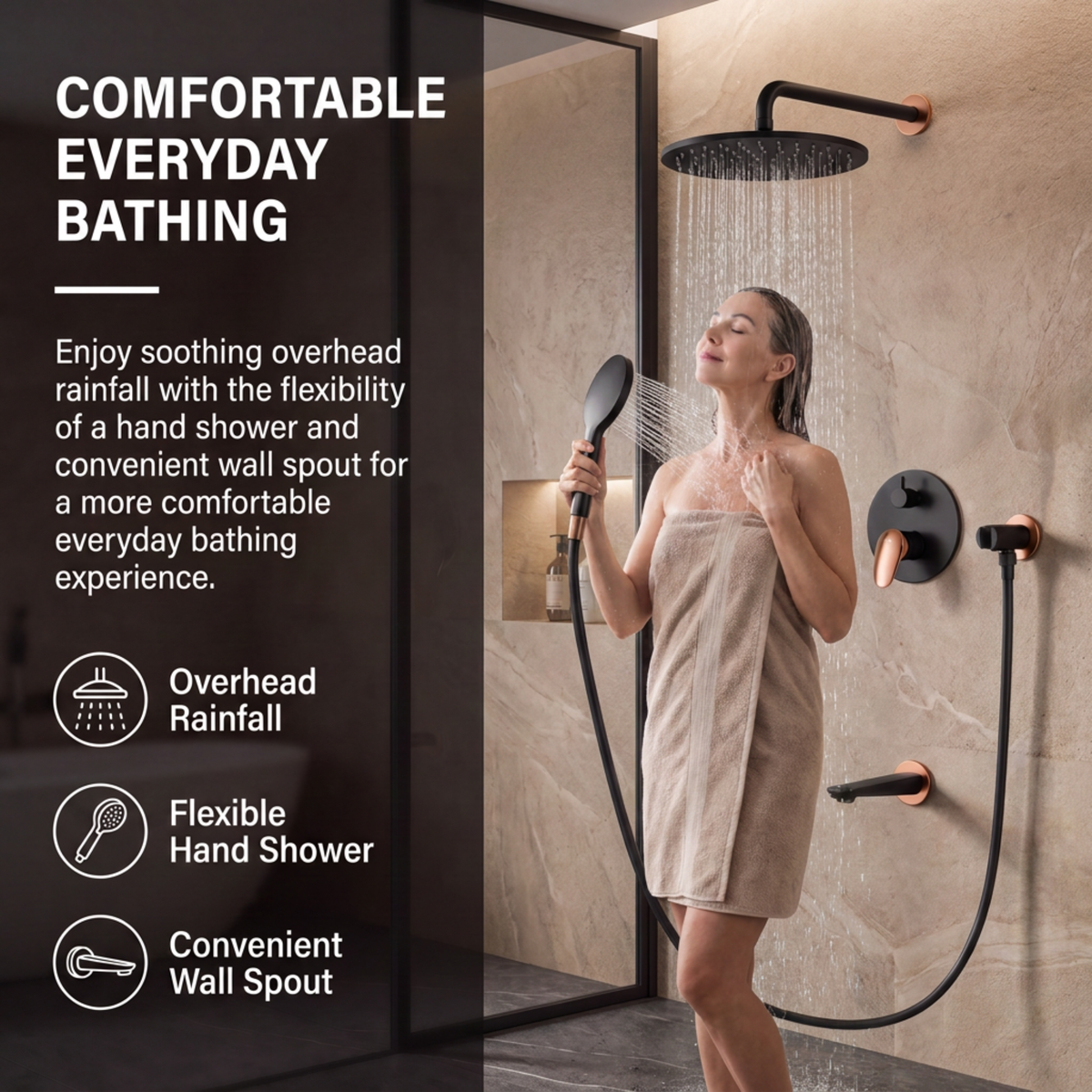 Novera Global Concealed Shower Set for Bathroom – 3-in-1 In-Wall Brass Shower System with Overhead Rain Shower, Hand Shower & Wall Spout, Diverter & Hot/Cold Mixer (Matte Black with Rose-Gold Accents)
