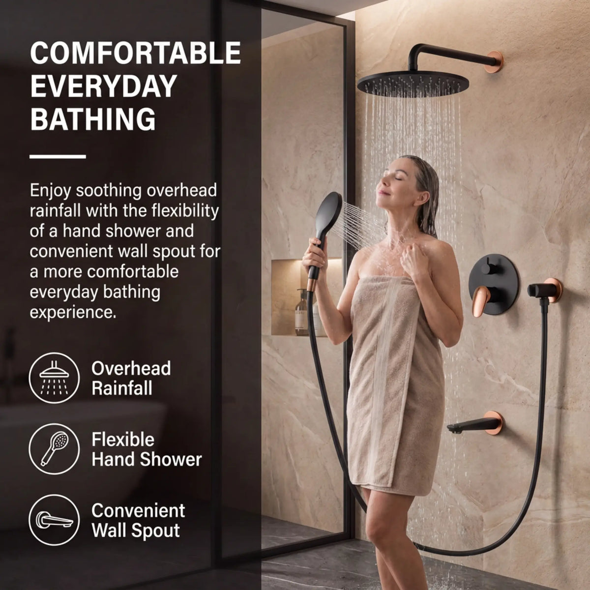 Novera Global Concealed Shower Set for Bathroom – 3-in-1 In-Wall Brass Shower System with Overhead Rain Shower, Hand Shower & Wall Spout, Diverter & Hot/Cold Mixer (Matte Black with Rose-Gold Accents) Novera Global