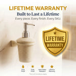 Wall-mounted soap dispenser with a lifetime warranty badge on a light background