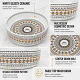 Novera Global Designer Ceramic Table Top Wash Basin | Round Above Counter Vessel Sink for Bathroom Vanity | 5-Years Warranty | Mandala Art Countertop Wash Bowl | Glossy Finish Wash Basin (WHITE) Novera Global