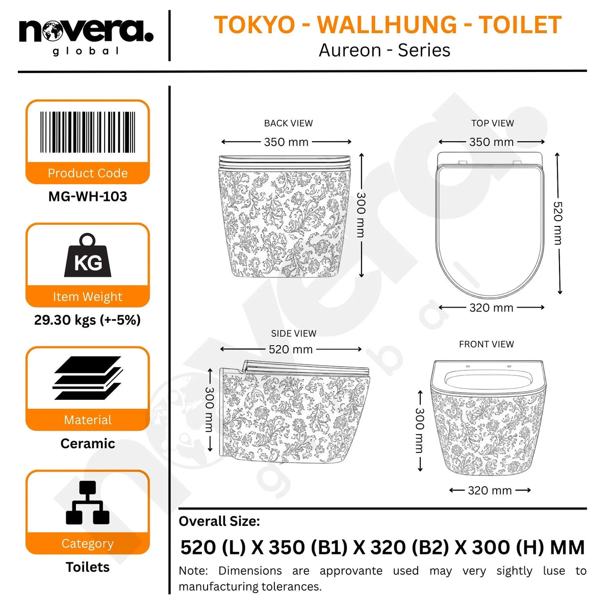 Product details of a Novera global toilet with dimensions and specifications.