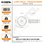 Product label for a wash basin with dimensions and specifications.