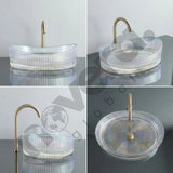 Collage of a glass sink with a gold faucet on a gray background