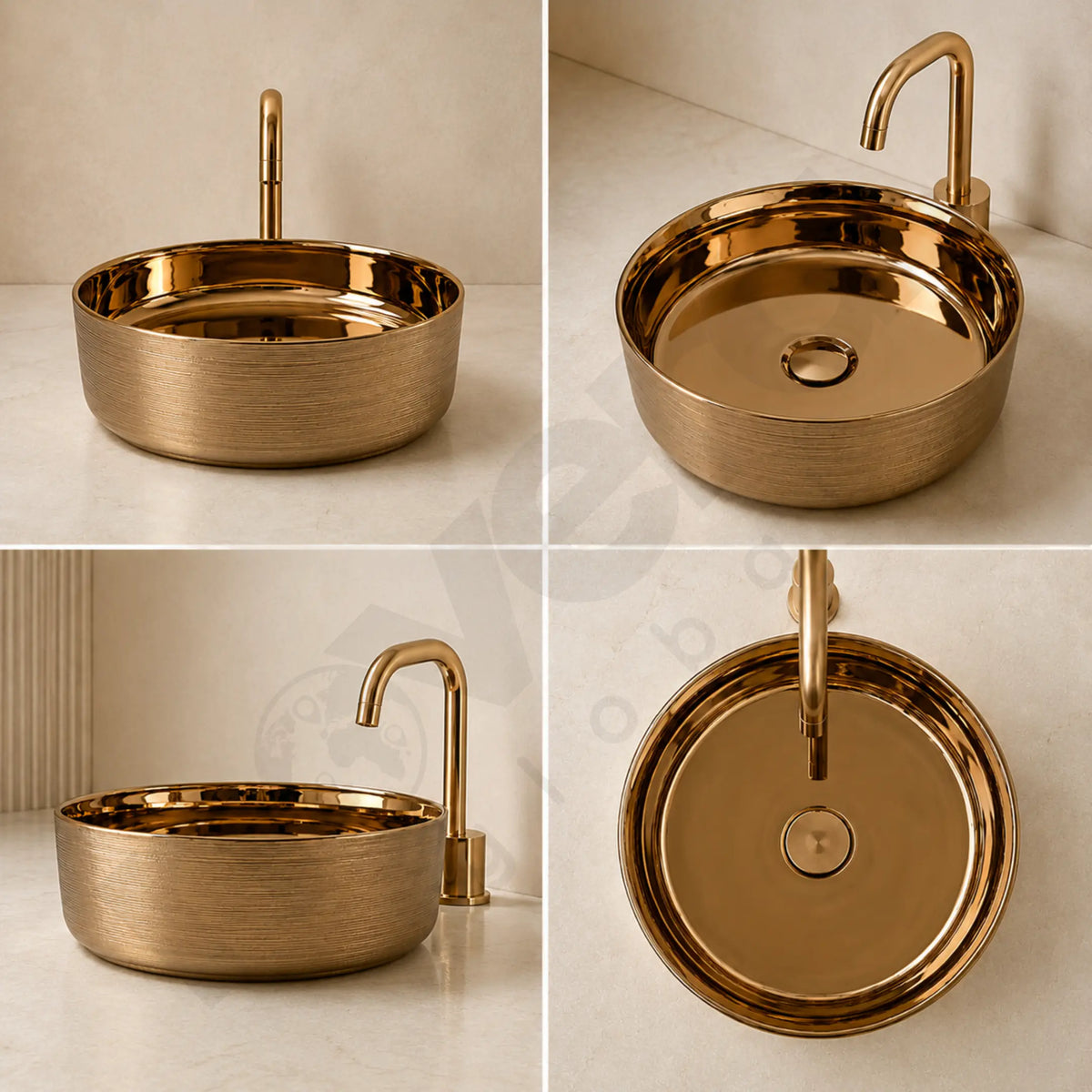 Novera Global Ceramic Table Top Wash Basin | Glossy Finish Round Vessel Sink | Above Counter Vessel Sink for Bathroom Vanity | 5-Years Warranty | Imported Glossy Countertop Wash Bowl (Rose Gold) Novera Global