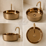 Novera Global Ceramic Table Top Wash Basin | Glossy Finish Round Vessel Sink | Above Counter Vessel Sink for Bathroom Vanity | 5-Years Warranty | Imported Glossy Countertop Wash Bowl (Rose Gold) Novera Global